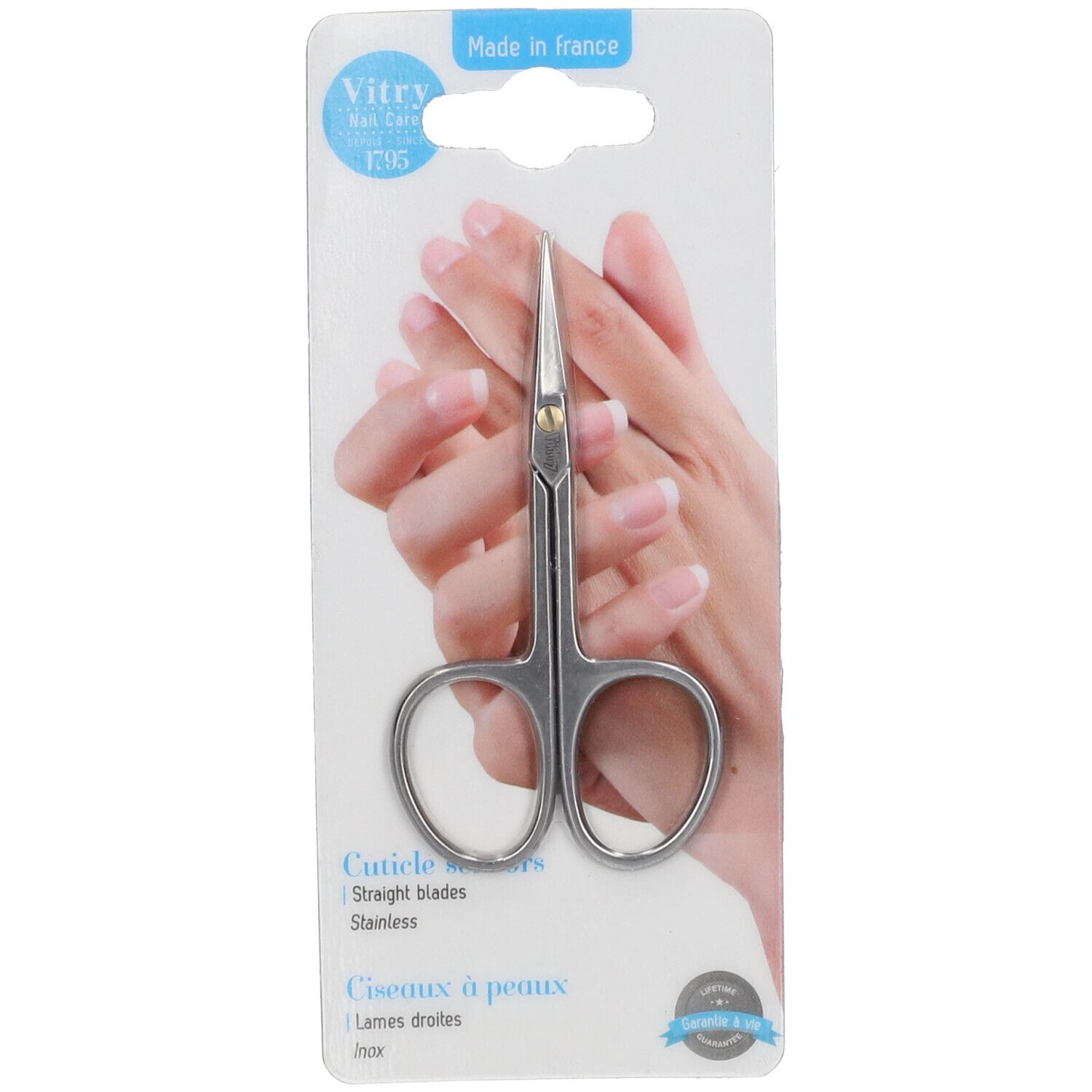 Ciseaux à peau Vitry, lames droites, acier inoxydable. Présentation sur carte avec mains. Fabriqué en France.