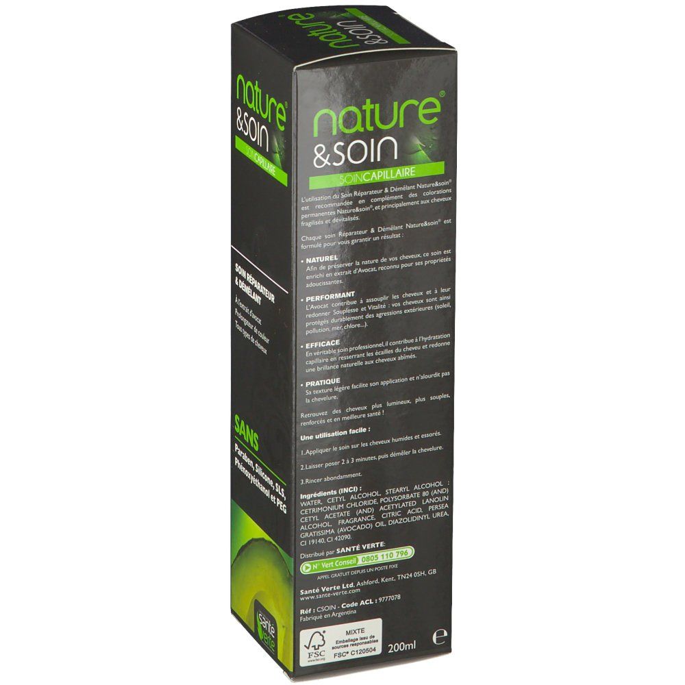 Boîte noire avec informations produit. Marque : Nature & Soin. Texte : Soin réparateur. Sans parabène, silicone, SLS, phénoxyéthanol et PEG.