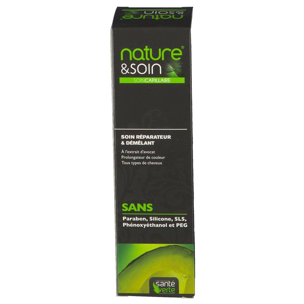 Boîte noire avec informations produit. Marque : Nature & Soin. Texte : Soin réparateur & démêlant. Sans parabène, silicone, SLS, phénoxyéthanol et PEG.