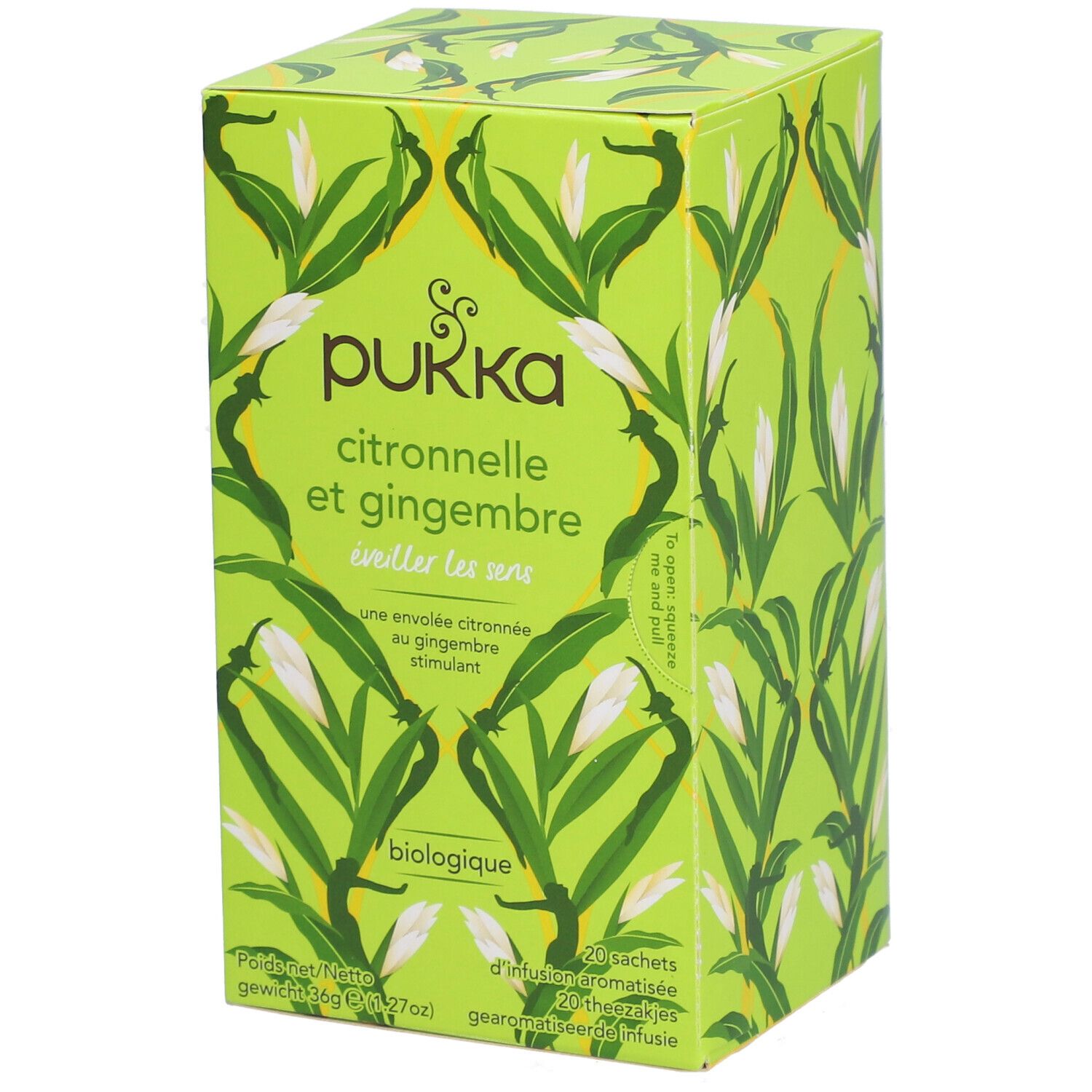 Boîte verte avec motif floral et nom du produit. Texte : Pukka Citronnelle et Gingembre, Biologique.