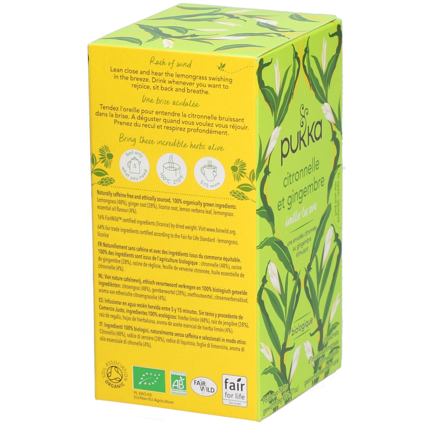 Dos d'une boîte verte. Texte : Pukka Citronnelle et Gingembre, ingrédients, certifications bio, Fair for Life.