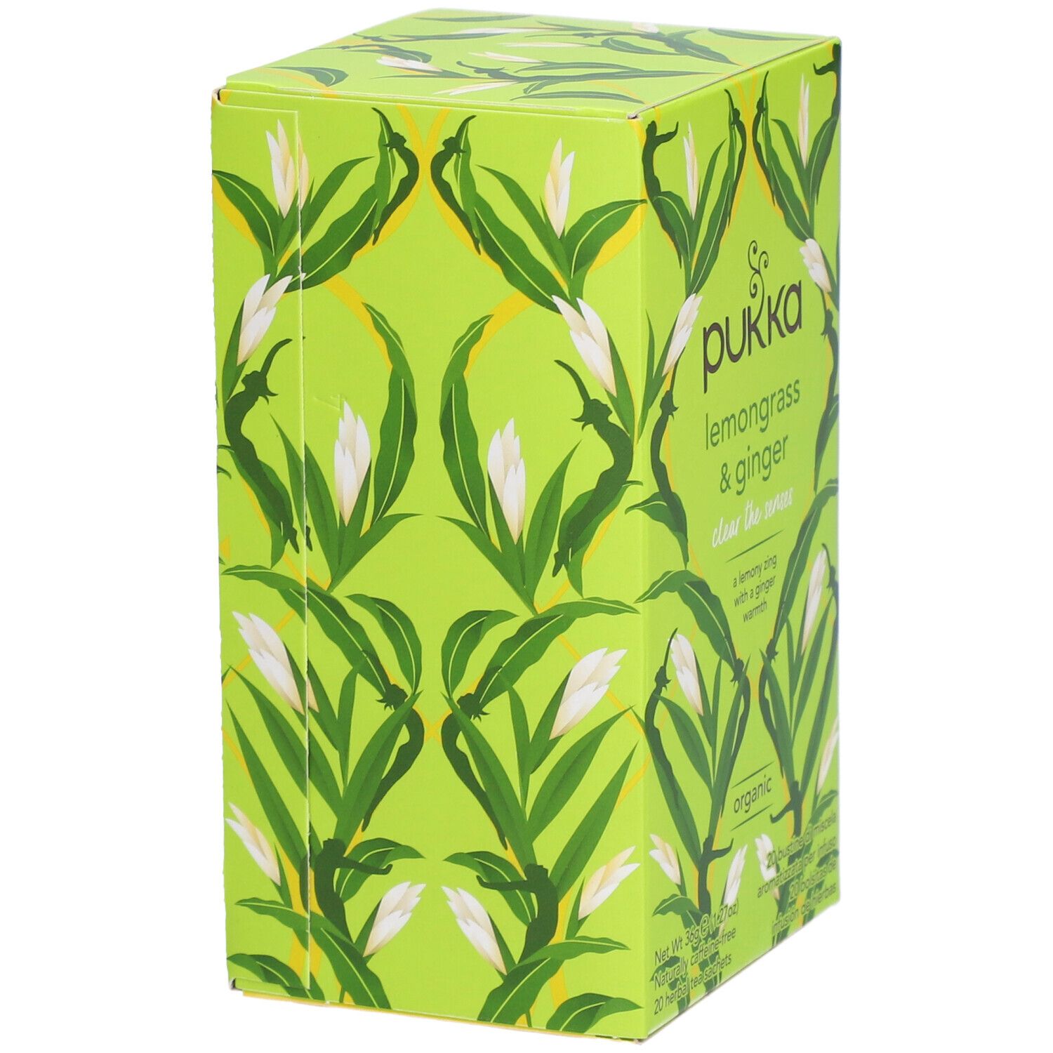 Boîte verte avec motif floral. Texte : Pukka Lemongrass & Ginger, organic.