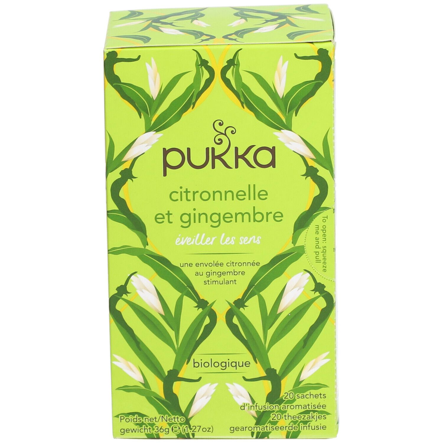Boîte verte avec motif floral. Texte : Pukka Citronnelle et Gingembre, Biologique, 20 sachets de thé.