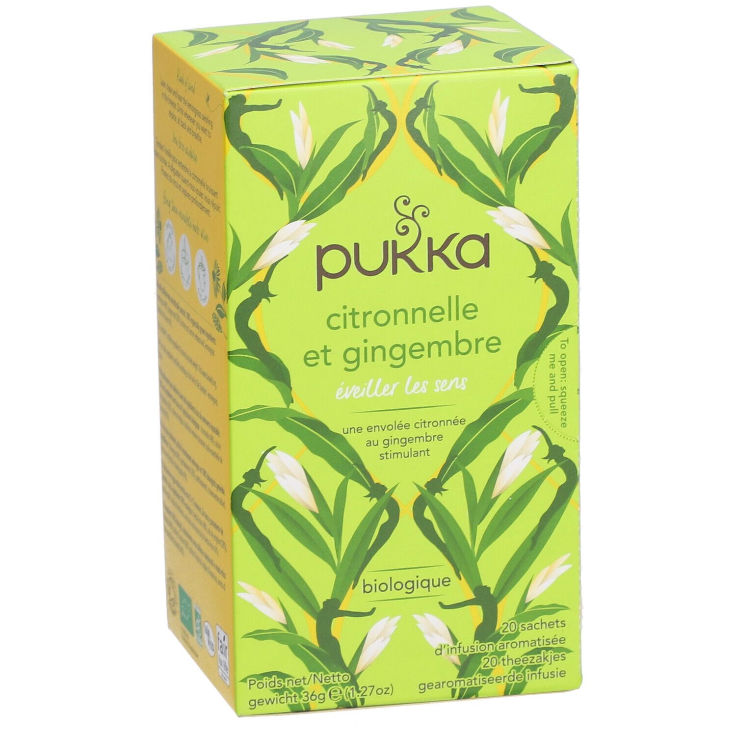 Boîte verte avec motif floral. Texte : Pukka Citronnelle et Gingembre, Biologique, 20 sachets de thé.