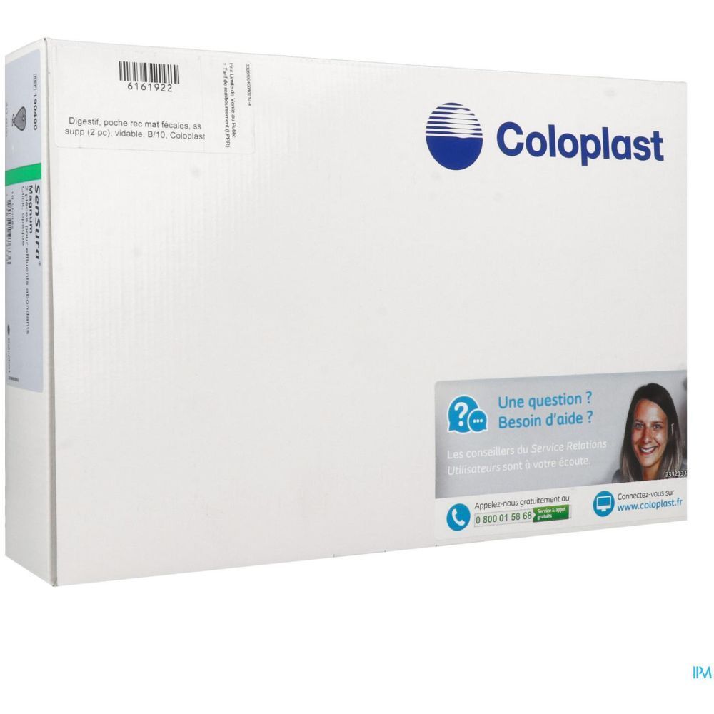 Emballage blanc avec logo Coloplast. Texte : 'Une question ? Besoin d'aide ?' et coordonnées. Nom du produit : SENSURA.