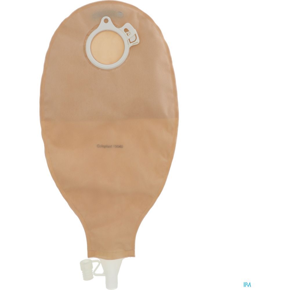Poche beige avec anneau et fermeture blancs. Sortie en bas. Opaque.