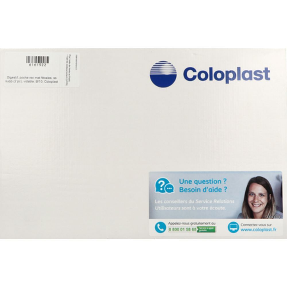 Emballage blanc Coloplast. Logo bleu et informations de contact. Étiquette produit et texte "Une question ? Besoin d'aide ?".