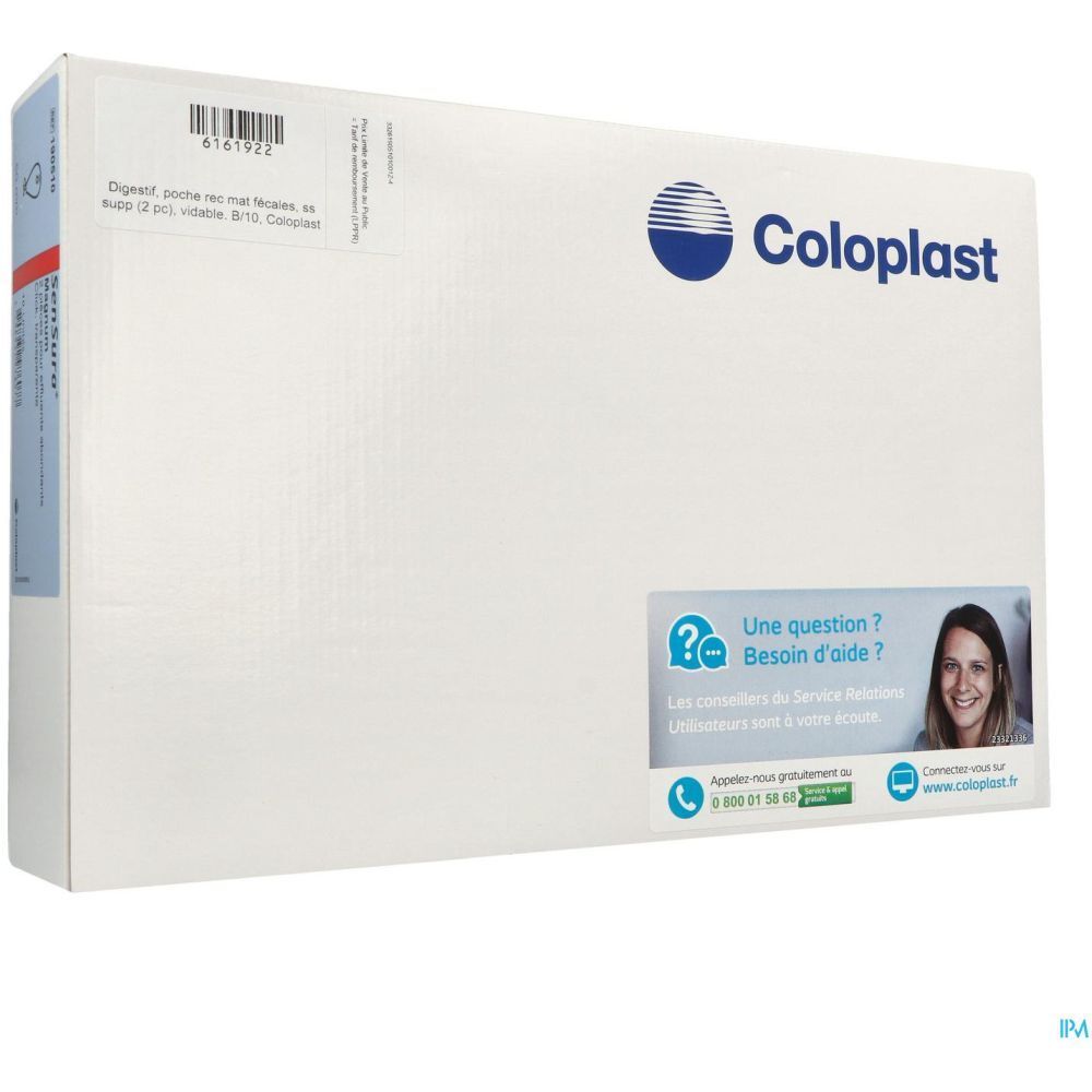 Emballage blanc Coloplast. Logo bleu et étiquette produit. Vue en angle, légèrement oblique.