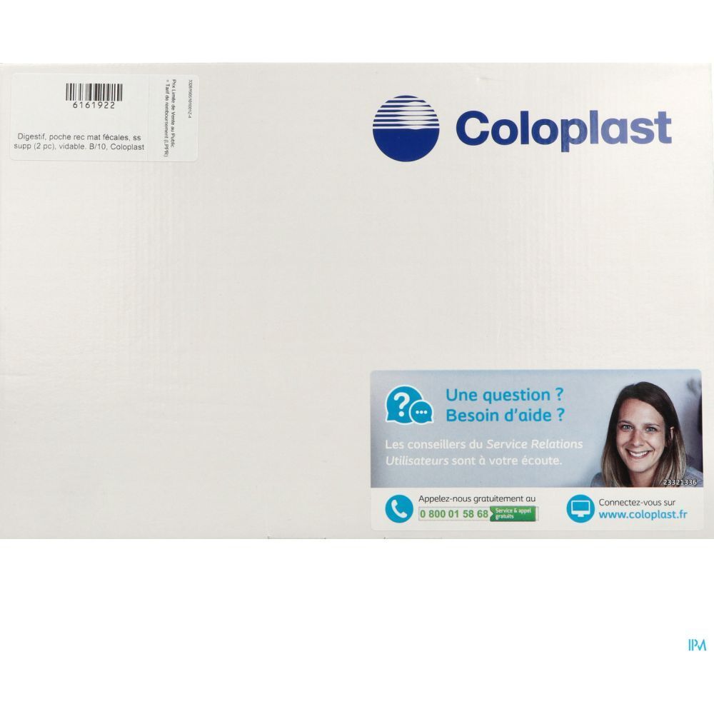 Emballage blanc Coloplast. Logo bleu et informations de contact. Étiquette produit et texte "Une question ? Besoin d'aide ?".