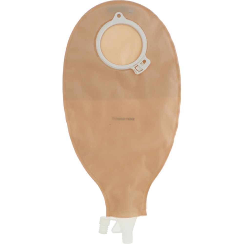 Poche de stomie vidable, opaque, beige. Système 2 pièces. Anneau de fixation blanc et orifice de vidange.