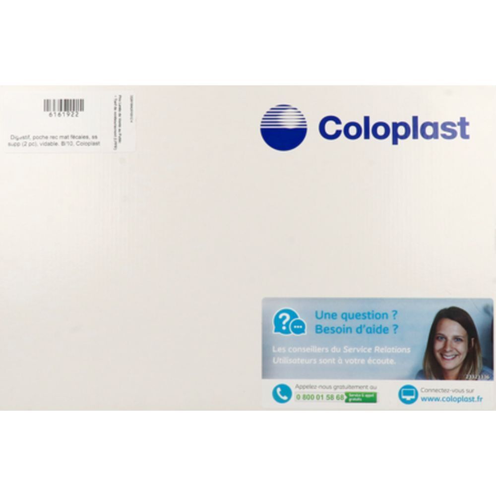 Emballage Coloplast blanc avec logo bleu. Contient du texte et l'image d'une femme.