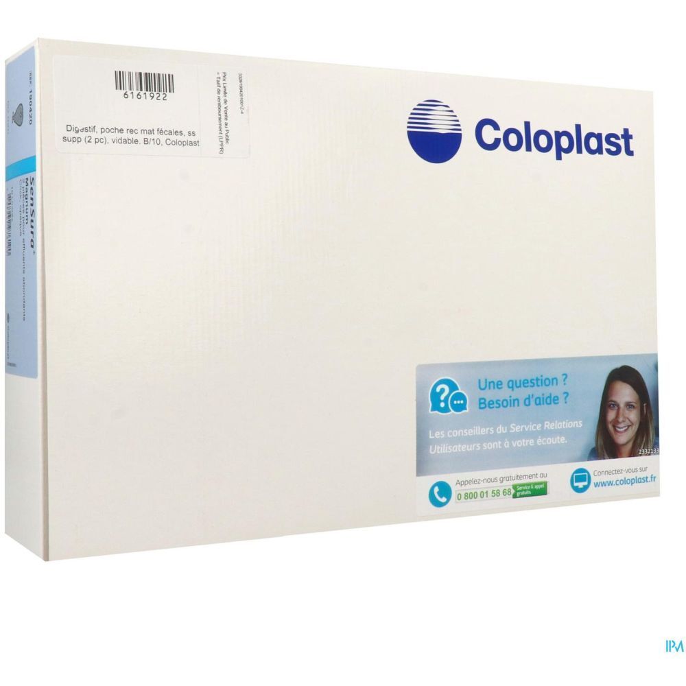 Emballage Coloplast blanc avec logo bleu. Contient du texte et l'image d'une femme.