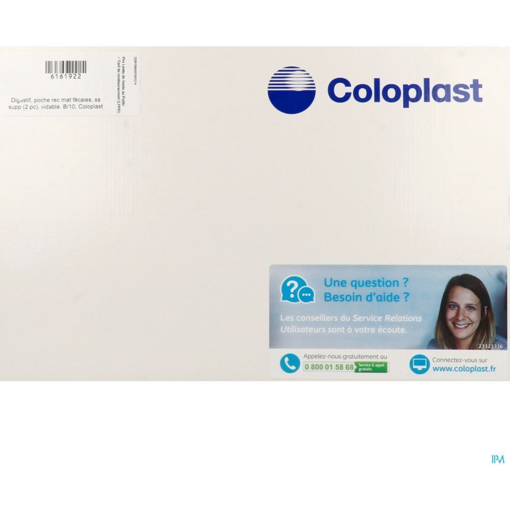 Emballage Coloplast blanc avec logo bleu. Contient du texte et l'image d'une femme.