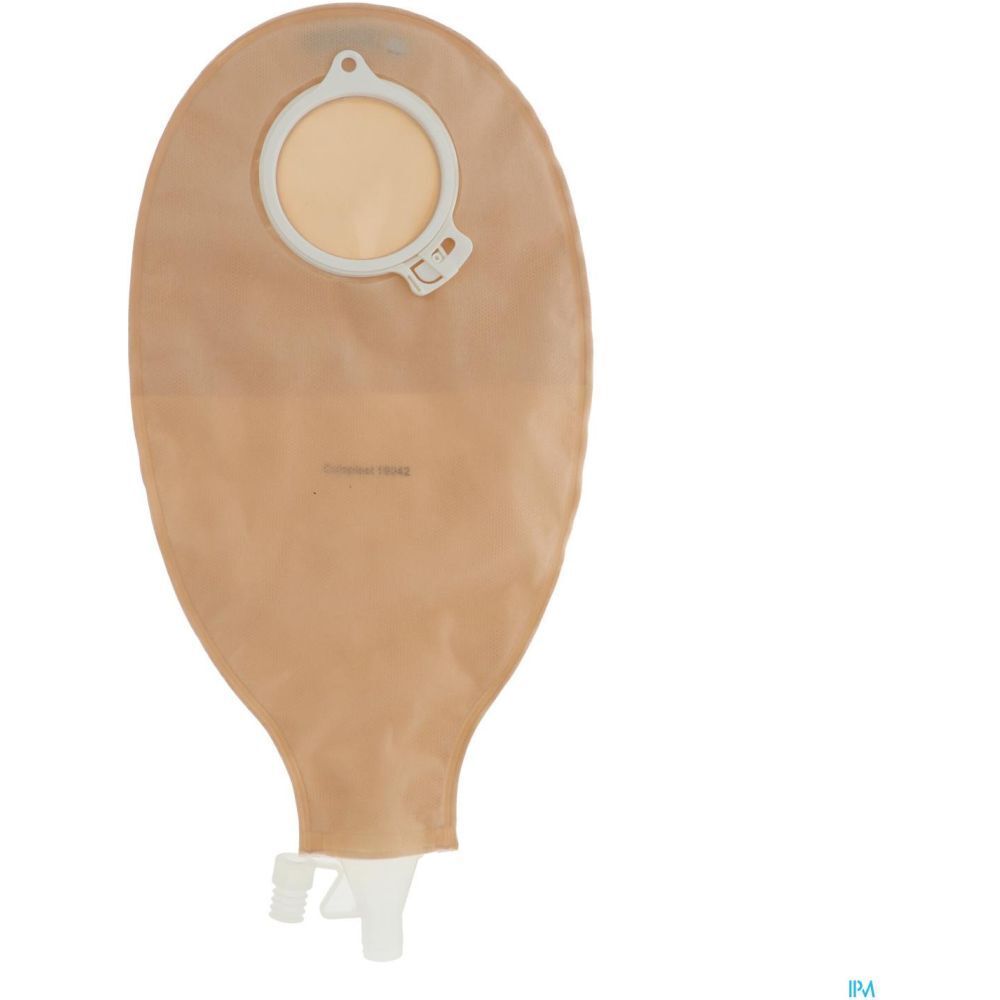 Poche de stomie vidable, opaque, beige. Système 2 pièces. Anneau de fixation blanc et orifice de vidange.
