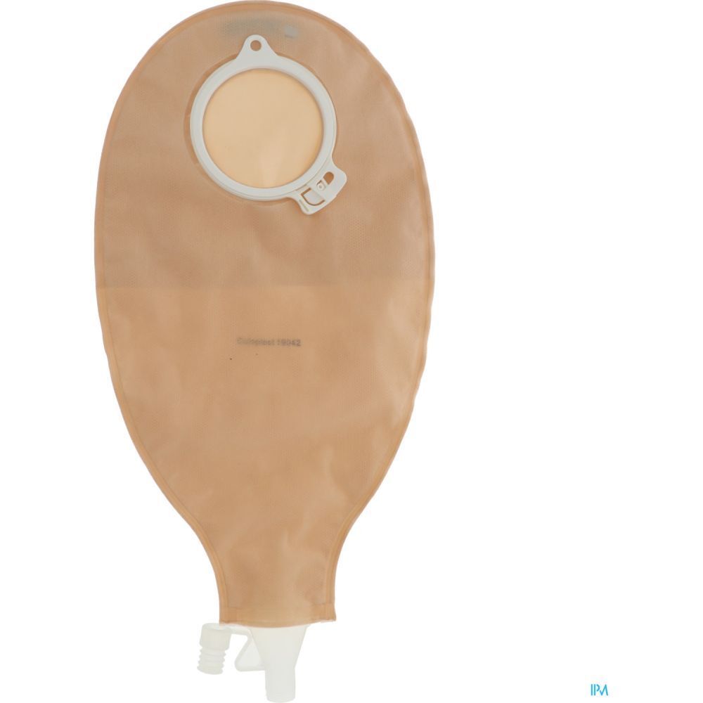 Poche de stomie vidable, opaque, beige. Système 2 pièces. Anneau de fixation blanc et orifice de vidange.