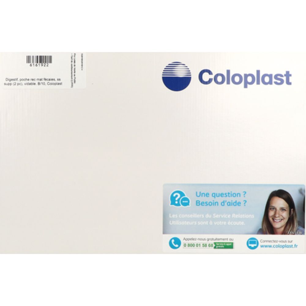 Emballage blanc avec logo Coloplast et informations de contact. Texte: Digestif, poche rec mat fixees, ss raccord (2 pcs) vidable. B10. Coloplast.