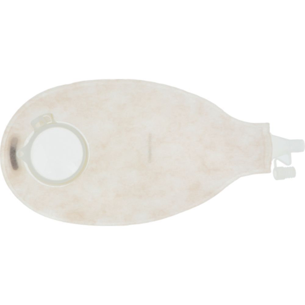 Poche médicale transparente, forme de sac, avec ouverture et sortie. Matériau beige. Avec raccord.