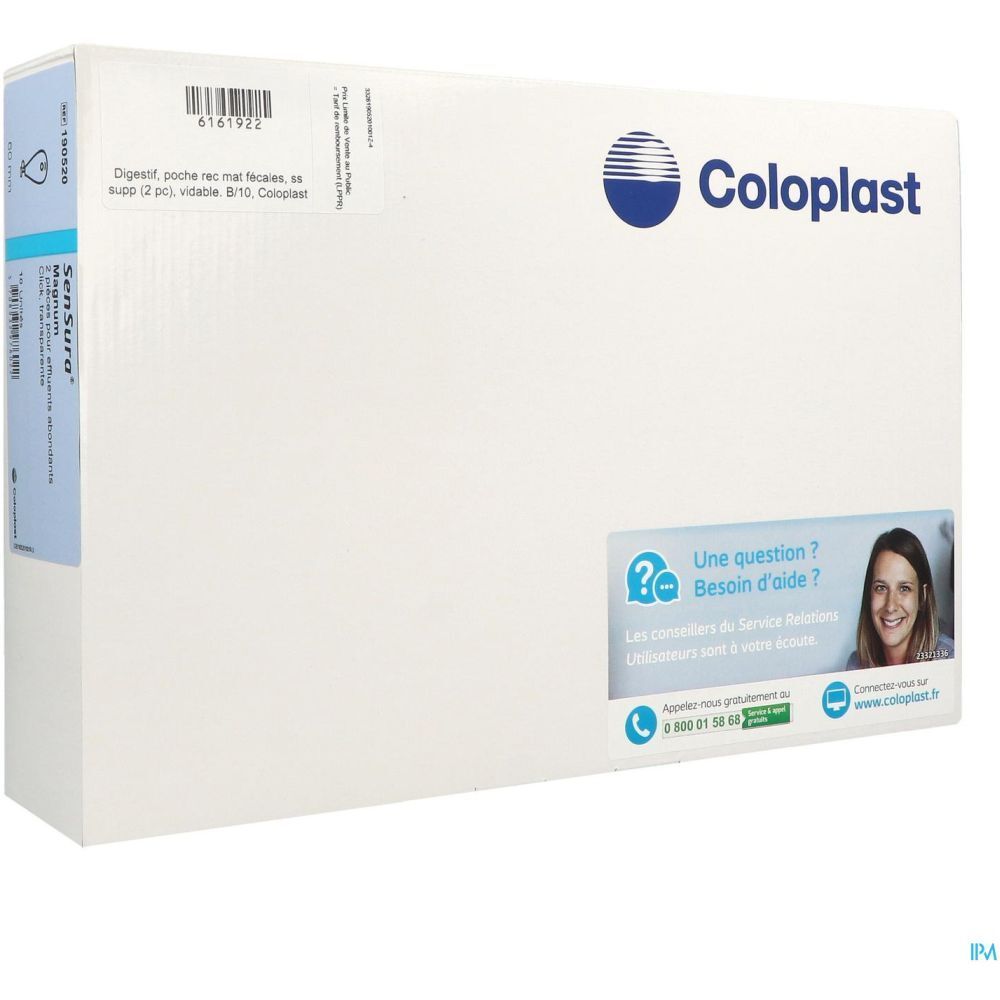 Emballage blanc avec logo Coloplast et informations de contact. Texte: Digestif, poche rec mat fixées, ss raccord (2 pcs) vidable. B10. Coloplast. Sensura.