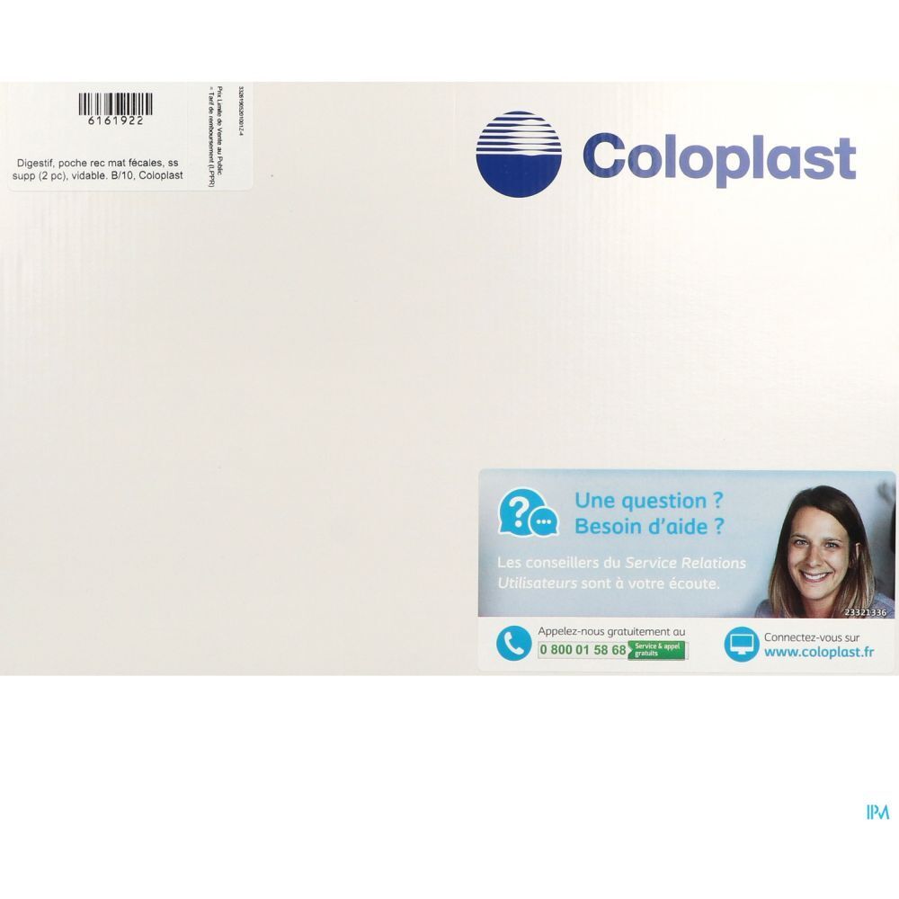 Emballage blanc avec logo Coloplast et informations de contact. Texte: Digestif, poche rec mat fixees, ss raccord (2 pcs) vidable. B10. Coloplast.