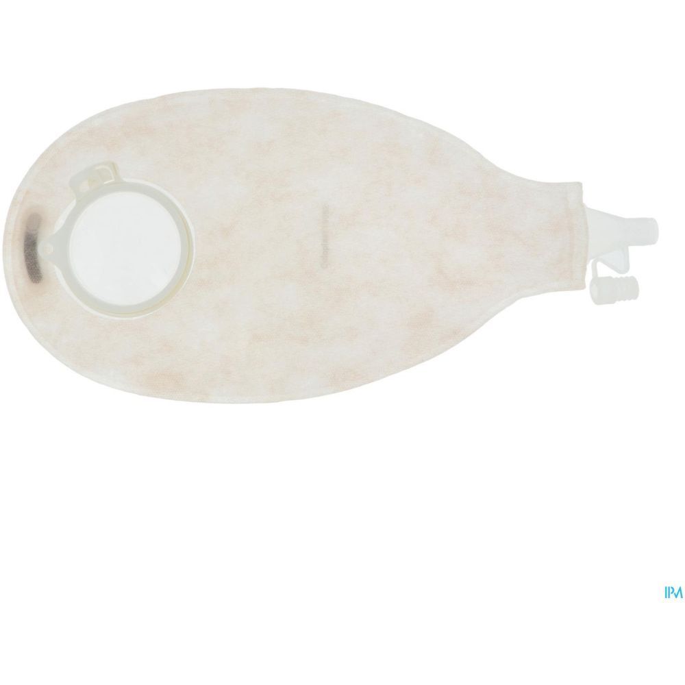 Poche médicale transparente, forme de sac, avec ouverture et sortie. Matériau beige. Avec raccord.