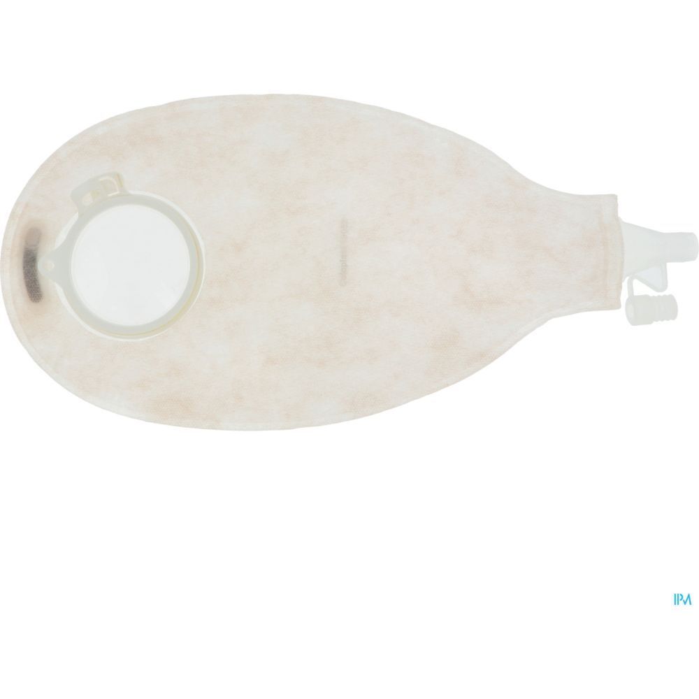 Poche médicale transparente, forme de sac, avec ouverture et sortie. Matériau beige. Avec raccord.