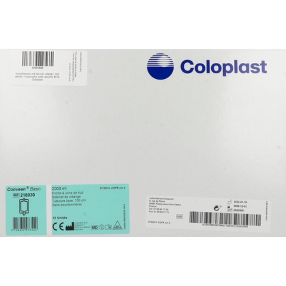 Emballage de CONVEEN BASIC. Inscription: Coloplast, CONVEEN Basic, 2000 ml, Poche à urine de nuit, 10 unités. Marquage CE.
