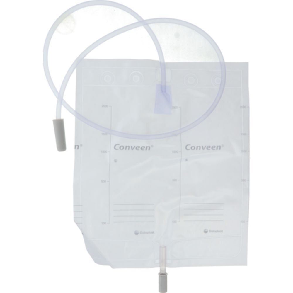 Poche à urine transparente avec échelle et tube. Inscription: Conveen. Avec raccord et fermeture.