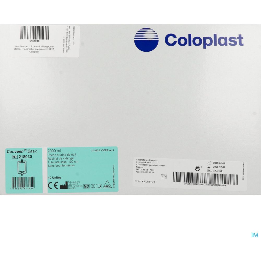 Emballage de CONVEEN BASIC. Inscription: Coloplast, CONVEEN Basic, 2000 ml, Poche à urine de nuit, 10 unités. Marquage CE.