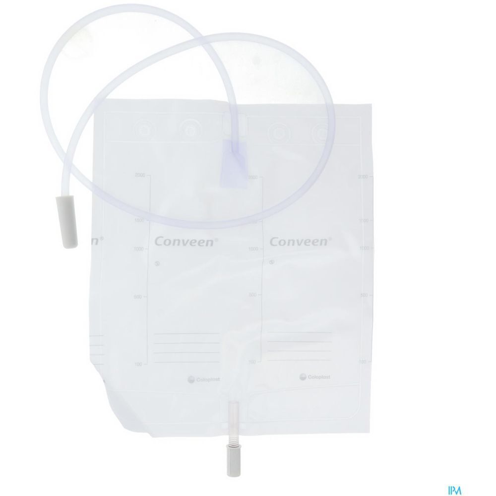 Poche à urine transparente avec échelle et tube. Inscription: Conveen. Avec raccord et fermeture.