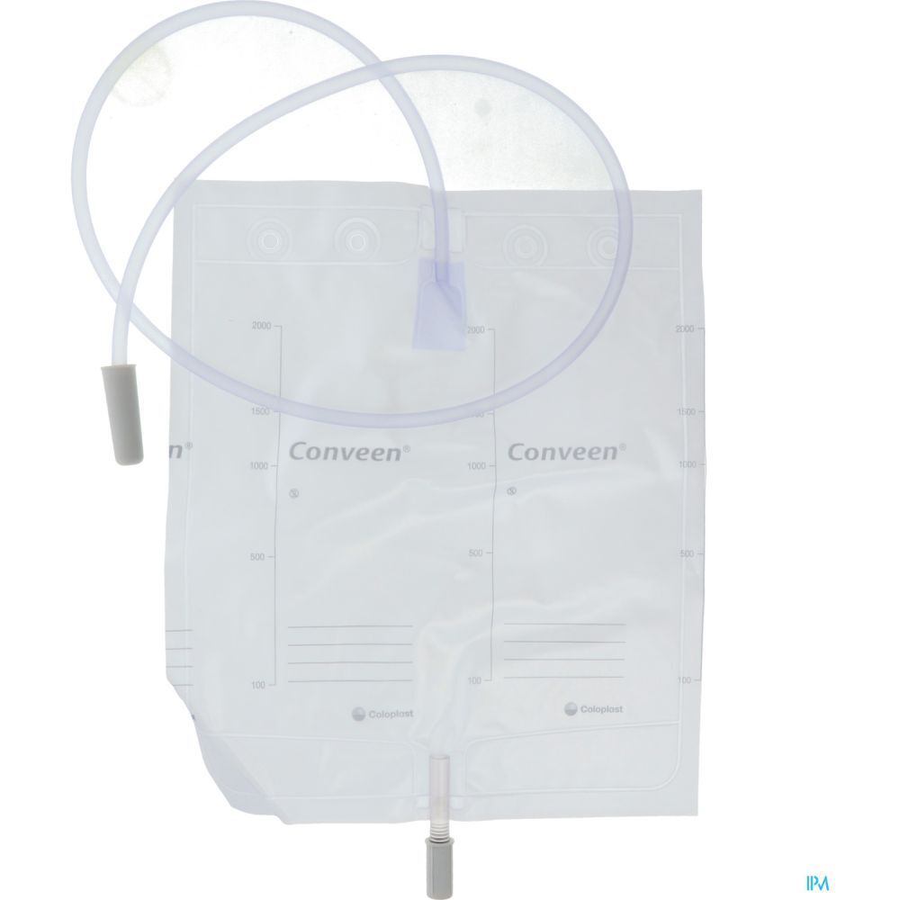 Poche à urine transparente avec échelle et tube. Inscription: Conveen. Avec raccord et fermeture.