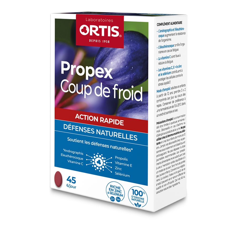 Boîte Ortis Propex Express. Boîte rouge et blanche avec nom du produit et ingrédients. 45 comprimés.