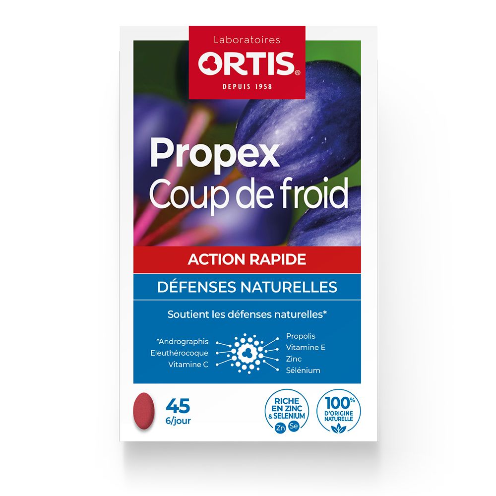 Boîte Ortis Propex Express. Boîte rouge et blanche avec nom du produit et ingrédients. 45 comprimés.