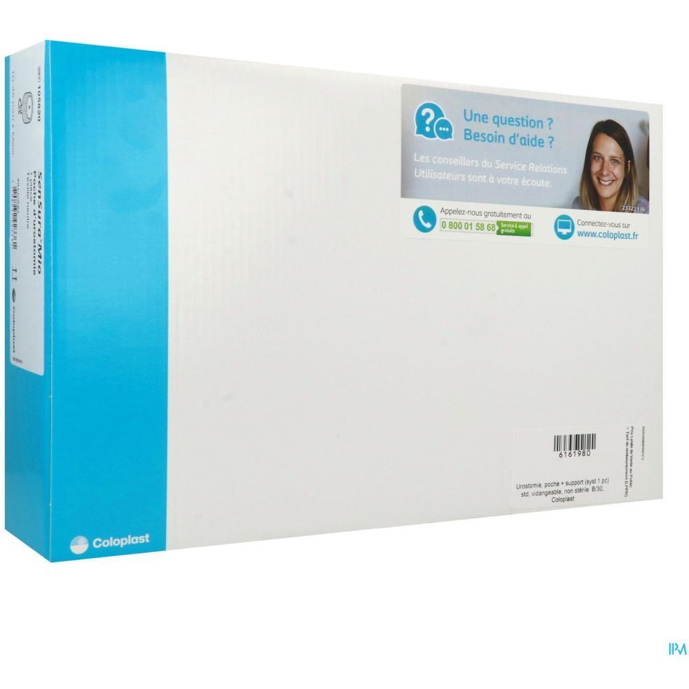 Emballage blanc avec accent bleu. Autocollant avec informations de contact et logo. Texte: Coloplast, SENSURA MIO.