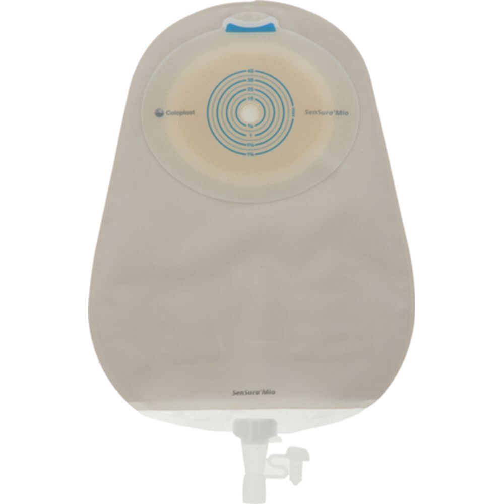 Poche d'urostomie transparente avec robinet de vidange. Marque SenSura Mio. Ouverture circulaire et fermeture bleue.