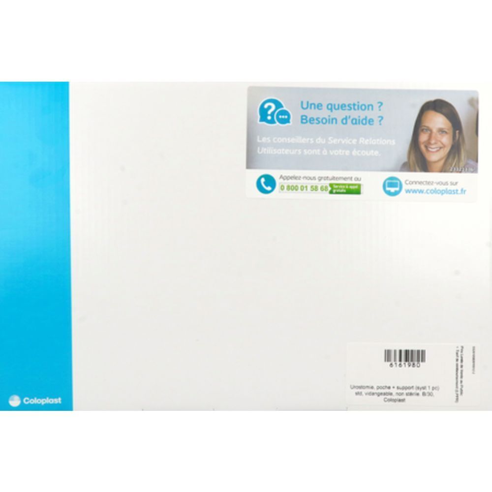 Emballage de poches d'urostomie. Blanc avec bord bleu. Contient des informations et des coordonnées d'assistance.