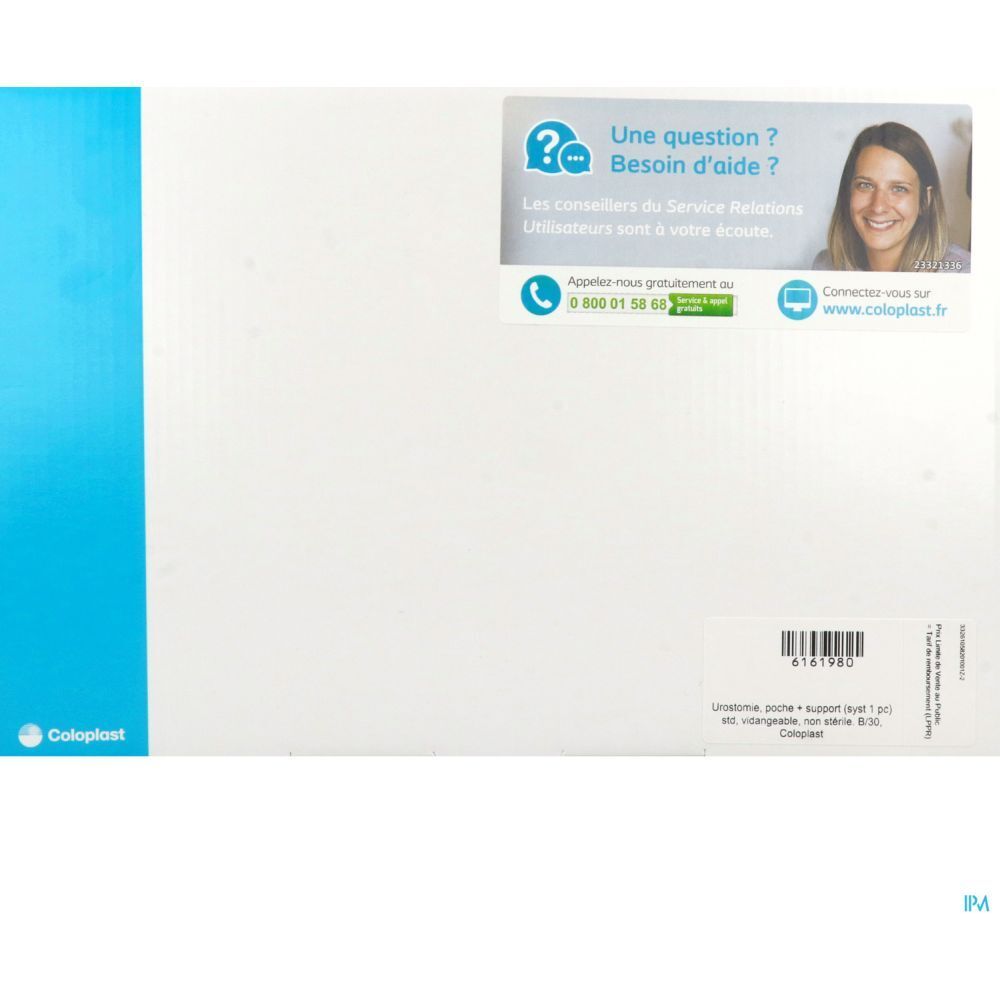 Emballage de poches d'urostomie. Blanc avec bord bleu. Contient des informations et des coordonnées d'assistance.
