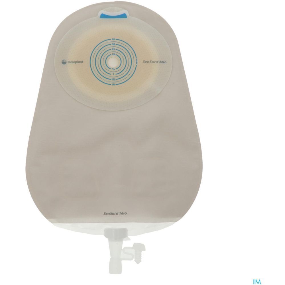 Poche d'urostomie transparente avec robinet de vidange. Marque SenSura Mio. Ouverture circulaire et fermeture bleue.