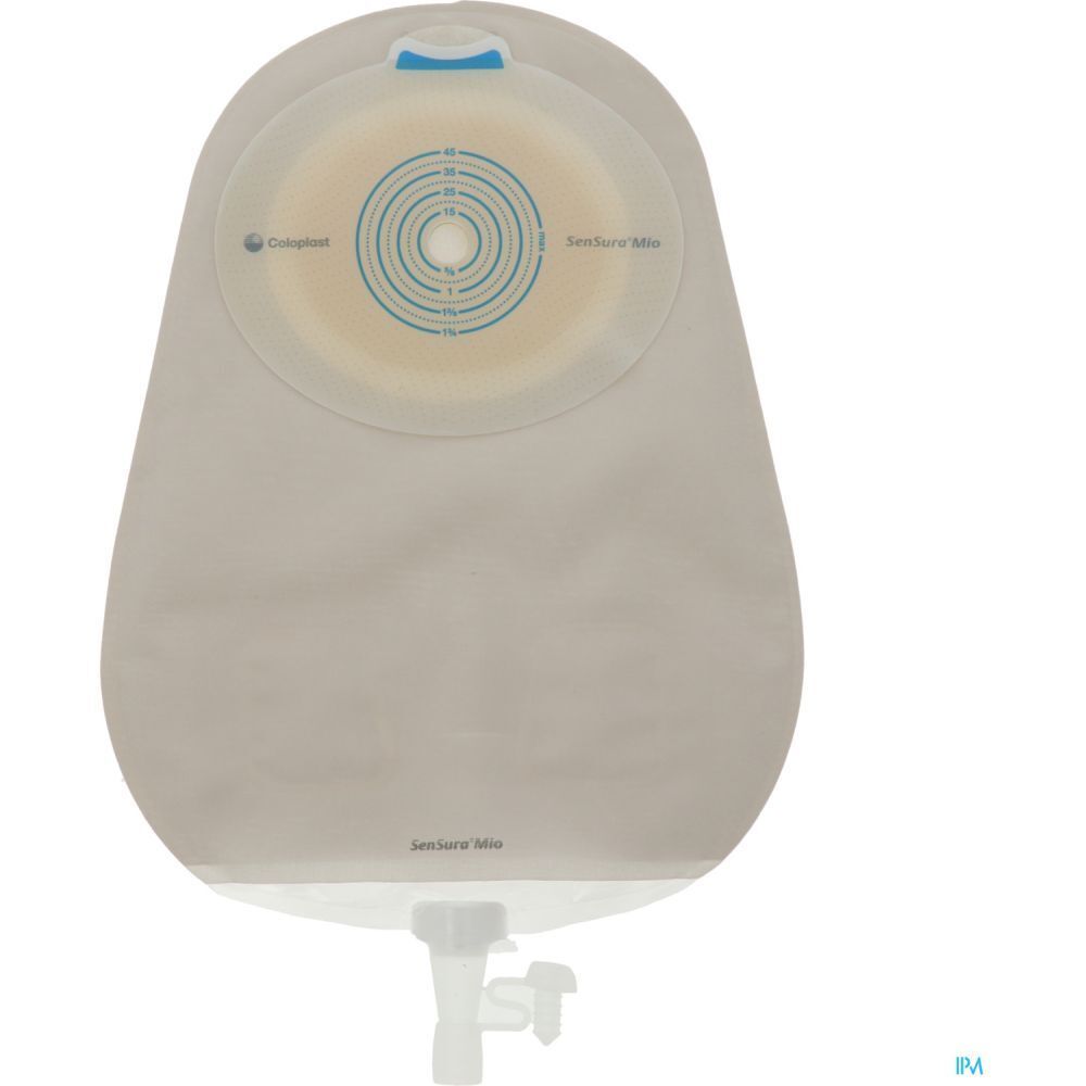 Poche d'urostomie transparente avec robinet de vidange. Marque SenSura Mio. Ouverture circulaire et fermeture bleue.