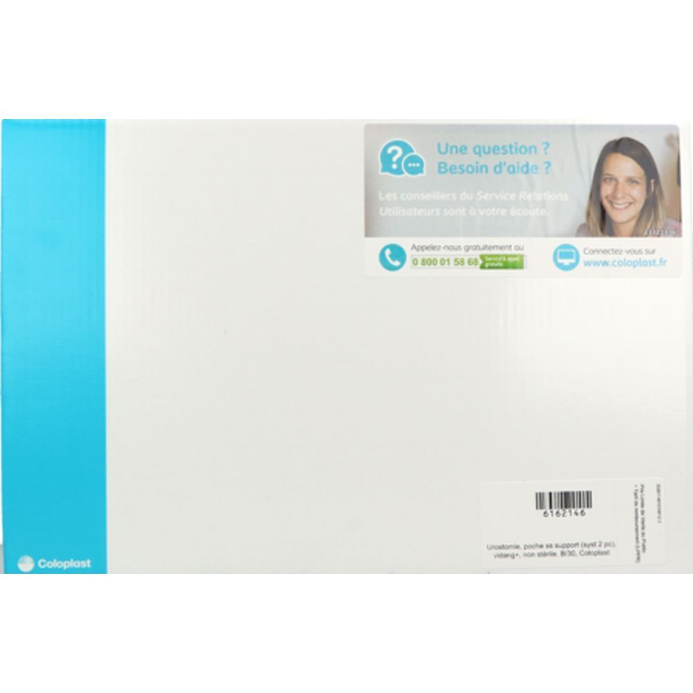 Emballage blanc et bleu. Texte: Coloplast, point d'interrogation, numéro de téléphone, site web.