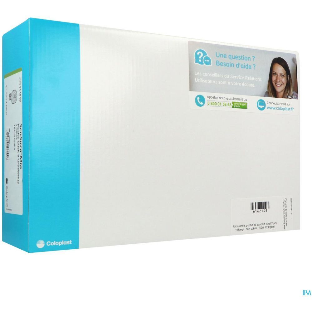Emballage blanc et bleu. Texte: Coloplast, point d'interrogation, numéro de téléphone, site web. Vue en angle.