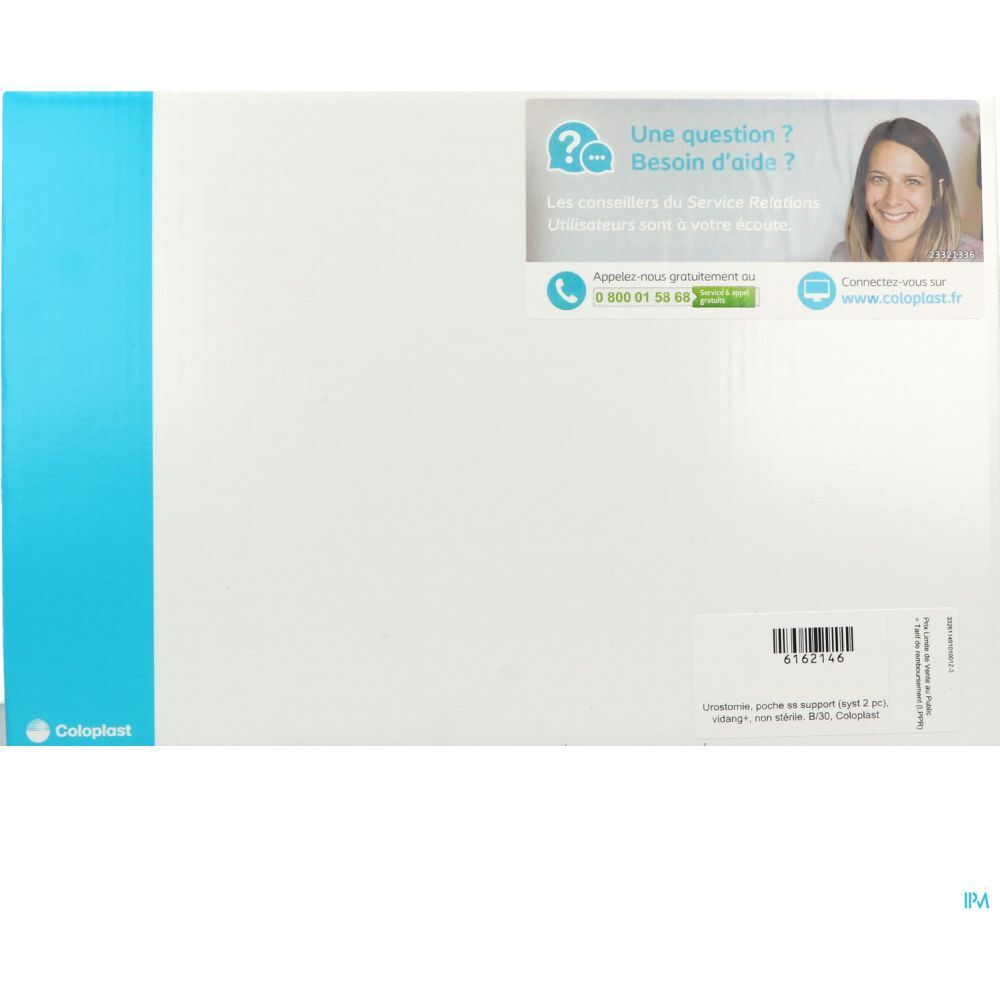 Emballage blanc et bleu. Texte: Coloplast, point d'interrogation, numéro de téléphone, site web.