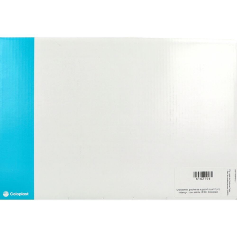 Emballage cartonné. Côté bleu avec logo Coloplast. Code-barres et informations produit sur surface blanche.