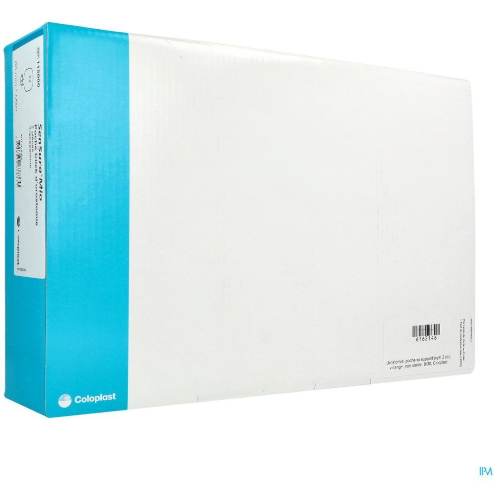 Emballage cartonné. Côté bleu avec nom du produit et logo Coloplast. Code-barres et informations produit sur surface blanche.