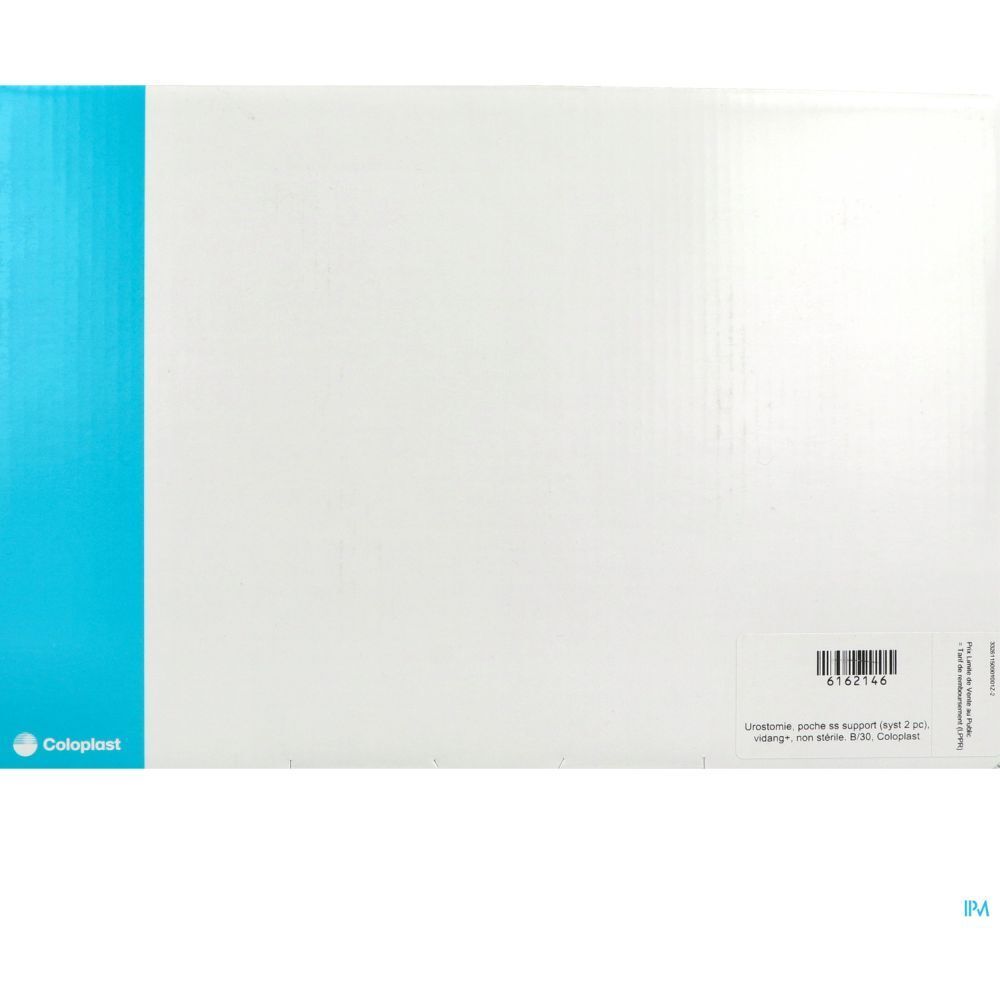 Emballage cartonné. Côté bleu avec logo Coloplast. Code-barres et informations produit sur surface blanche.