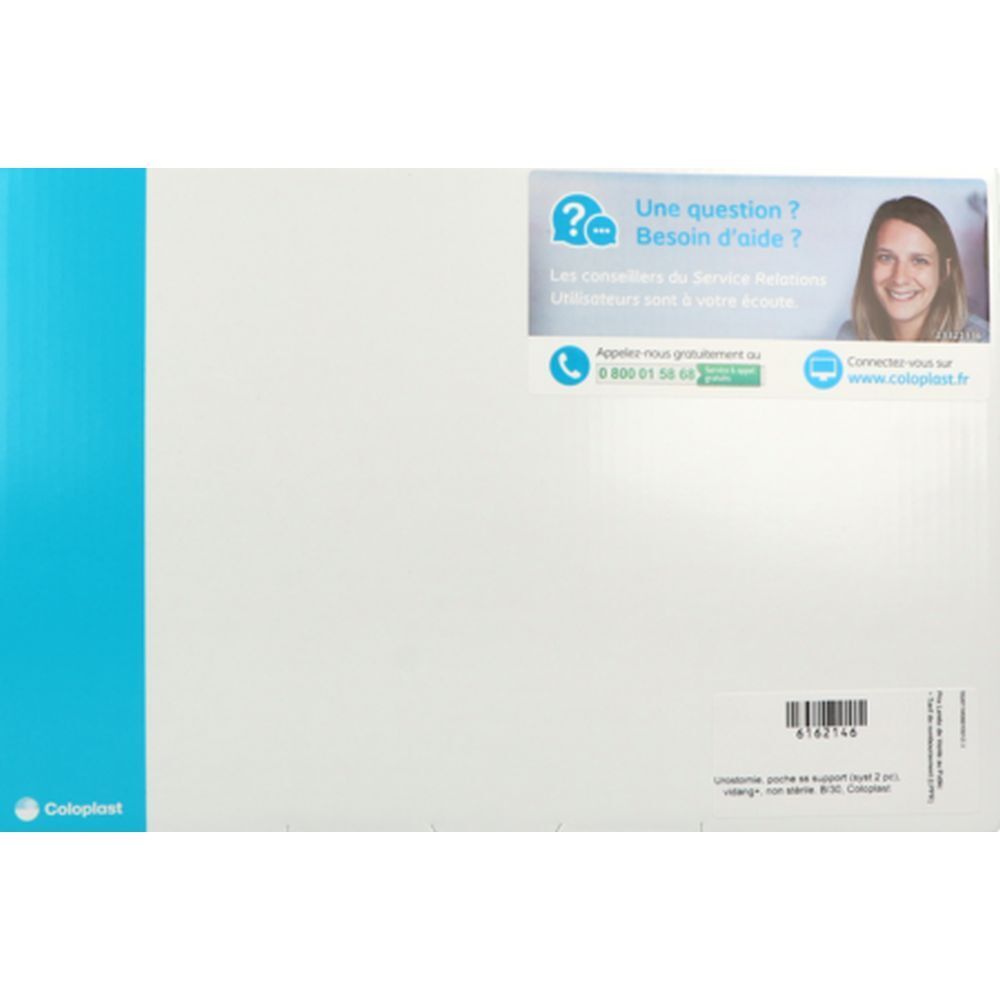 Emballage blanc avec accent bleu. Logo Coloplast en bas à gauche. Texte : "Une question ? Besoin d'aide ?" et coordonnées.