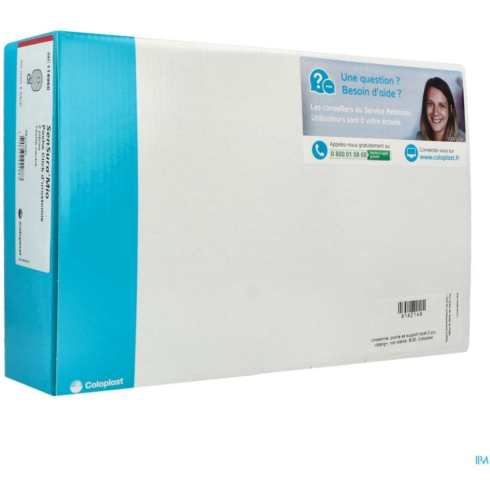 Boîte en carton, design bleu et blanc. Nom du produit "Sensura Mio" sur le côté. Logo Coloplast visible.