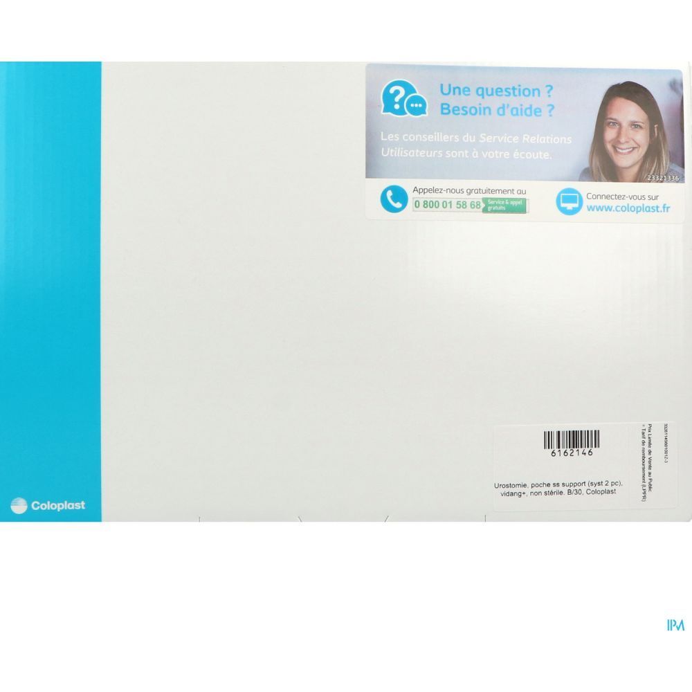 Emballage blanc avec accent bleu. Logo Coloplast en bas à gauche. Texte : "Une question ? Besoin d'aide ?" et coordonnées.