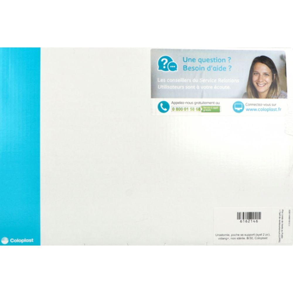 Emballage blanc et bleu. Logo Coloplast. Code-barres et texte.