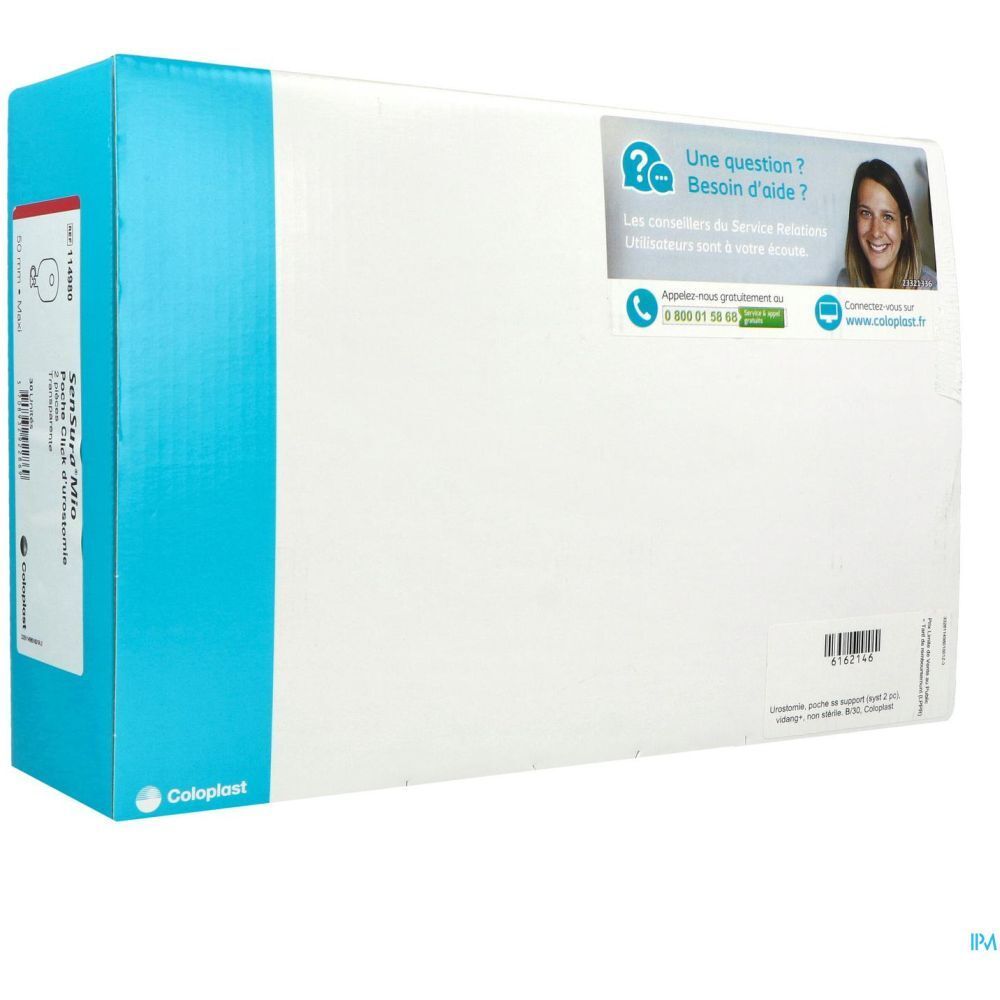 Emballage blanc et bleu. Logo Coloplast. Nom du produit: Sensura Mio.