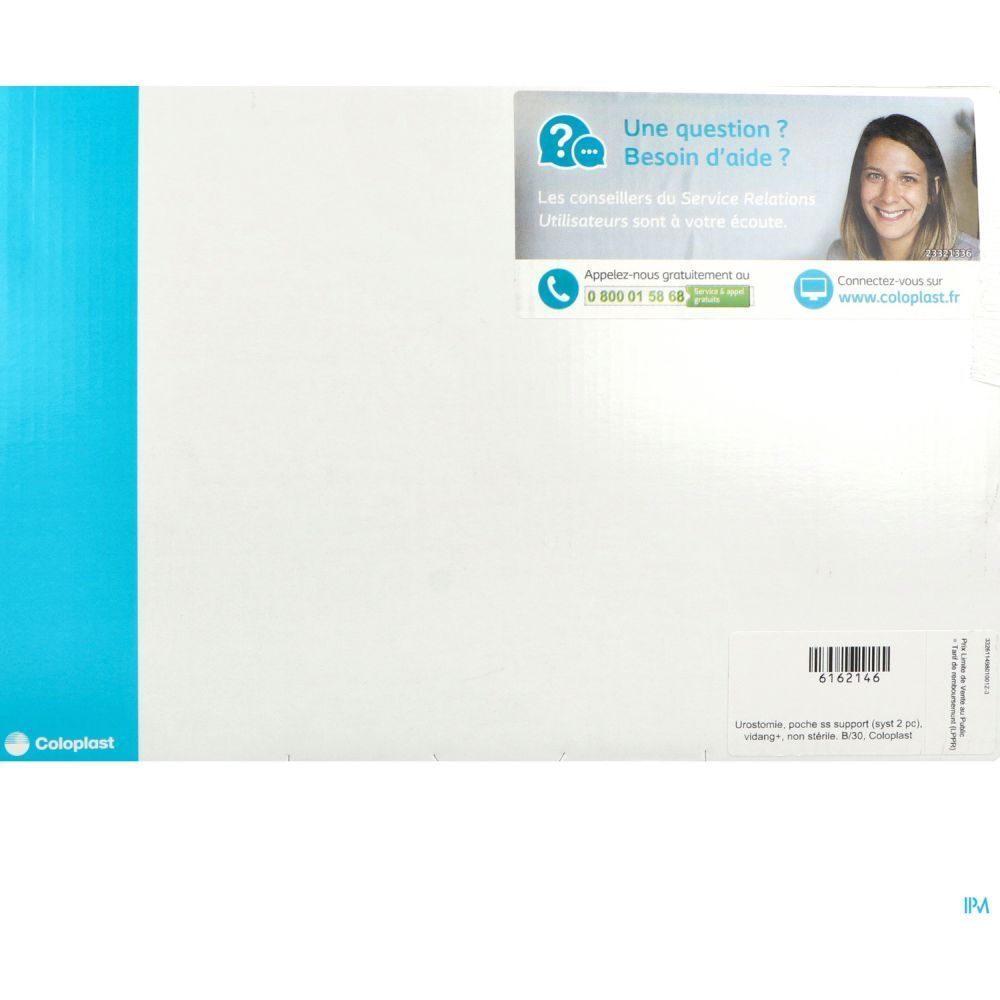 Emballage blanc et bleu. Logo Coloplast. Code-barres et texte.